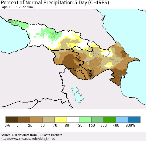 Azerbaijan, Armenia and Georgia Percent of Normal Precipitation 5-Day (CHIRPS) Thematic Map For 4/11/2022 - 4/15/2022