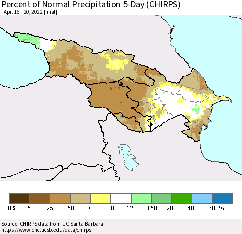 Azerbaijan, Armenia and Georgia Percent of Normal Precipitation 5-Day (CHIRPS) Thematic Map For 4/16/2022 - 4/20/2022