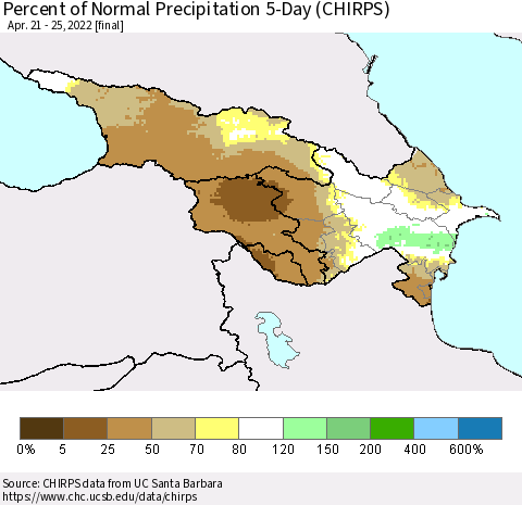 Azerbaijan, Armenia and Georgia Percent of Normal Precipitation 5-Day (CHIRPS) Thematic Map For 4/21/2022 - 4/25/2022