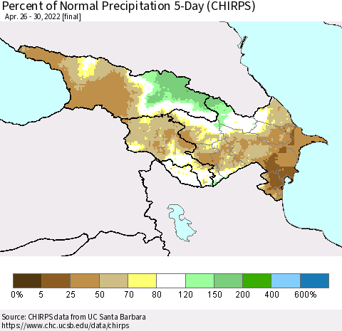 Azerbaijan, Armenia and Georgia Percent of Normal Precipitation 5-Day (CHIRPS) Thematic Map For 4/26/2022 - 4/30/2022