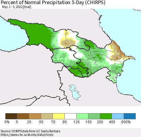 Azerbaijan, Armenia and Georgia Percent of Normal Precipitation 5-Day (CHIRPS) Thematic Map For 5/1/2022 - 5/5/2022