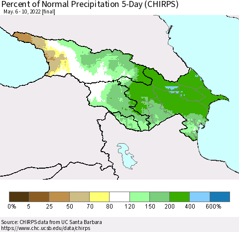 Azerbaijan, Armenia and Georgia Percent of Normal Precipitation 5-Day (CHIRPS) Thematic Map For 5/6/2022 - 5/10/2022