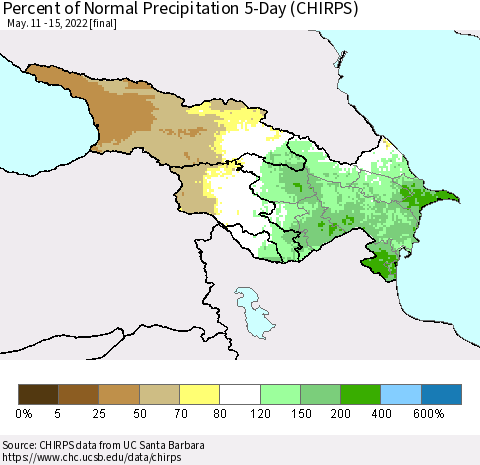 Azerbaijan, Armenia and Georgia Percent of Normal Precipitation 5-Day (CHIRPS) Thematic Map For 5/11/2022 - 5/15/2022