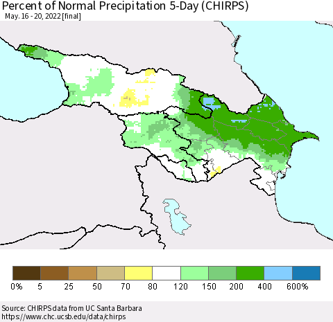 Azerbaijan, Armenia and Georgia Percent of Normal Precipitation 5-Day (CHIRPS) Thematic Map For 5/16/2022 - 5/20/2022