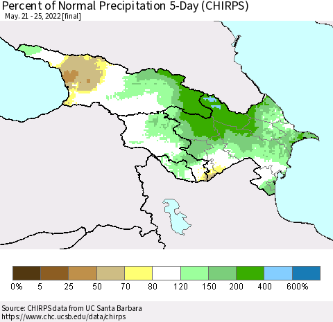 Azerbaijan, Armenia and Georgia Percent of Normal Precipitation 5-Day (CHIRPS) Thematic Map For 5/21/2022 - 5/25/2022