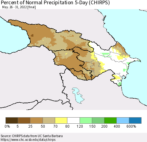 Azerbaijan, Armenia and Georgia Percent of Normal Precipitation 5-Day (CHIRPS) Thematic Map For 5/26/2022 - 5/31/2022