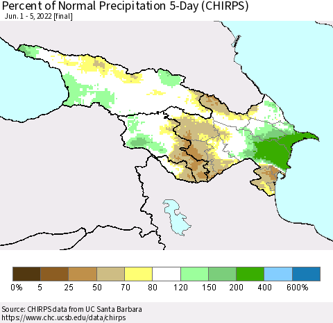 Azerbaijan, Armenia and Georgia Percent of Normal Precipitation 5-Day (CHIRPS) Thematic Map For 6/1/2022 - 6/5/2022