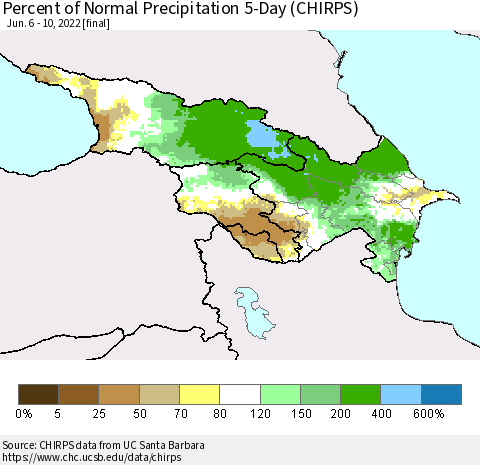 Azerbaijan, Armenia and Georgia Percent of Normal Precipitation 5-Day (CHIRPS) Thematic Map For 6/6/2022 - 6/10/2022