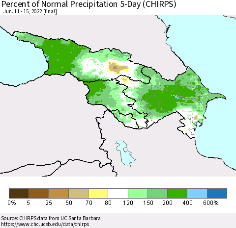 Azerbaijan, Armenia and Georgia Percent of Normal Precipitation 5-Day (CHIRPS) Thematic Map For 6/11/2022 - 6/15/2022