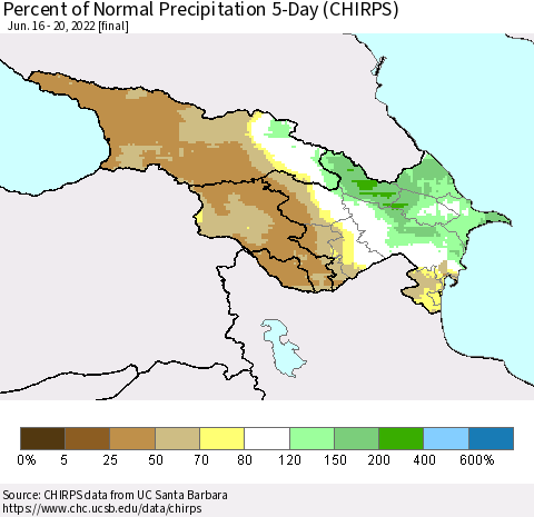 Azerbaijan, Armenia and Georgia Percent of Normal Precipitation 5-Day (CHIRPS) Thematic Map For 6/16/2022 - 6/20/2022