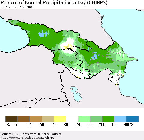 Azerbaijan, Armenia and Georgia Percent of Normal Precipitation 5-Day (CHIRPS) Thematic Map For 6/21/2022 - 6/25/2022