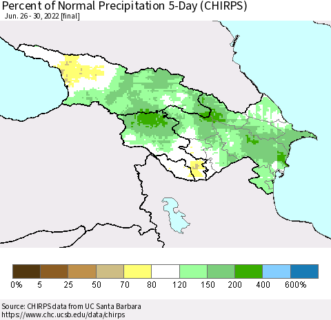 Azerbaijan, Armenia and Georgia Percent of Normal Precipitation 5-Day (CHIRPS) Thematic Map For 6/26/2022 - 6/30/2022