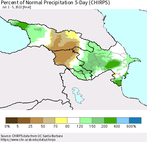 Azerbaijan, Armenia and Georgia Percent of Normal Precipitation 5-Day (CHIRPS) Thematic Map For 7/1/2022 - 7/5/2022