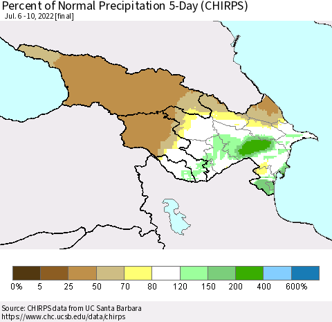 Azerbaijan, Armenia and Georgia Percent of Normal Precipitation 5-Day (CHIRPS) Thematic Map For 7/6/2022 - 7/10/2022