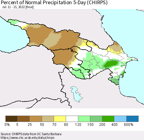 Azerbaijan, Armenia and Georgia Percent of Normal Precipitation 5-Day (CHIRPS) Thematic Map For 7/11/2022 - 7/15/2022
