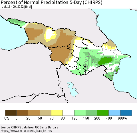 Azerbaijan, Armenia and Georgia Percent of Normal Precipitation 5-Day (CHIRPS) Thematic Map For 7/16/2022 - 7/20/2022