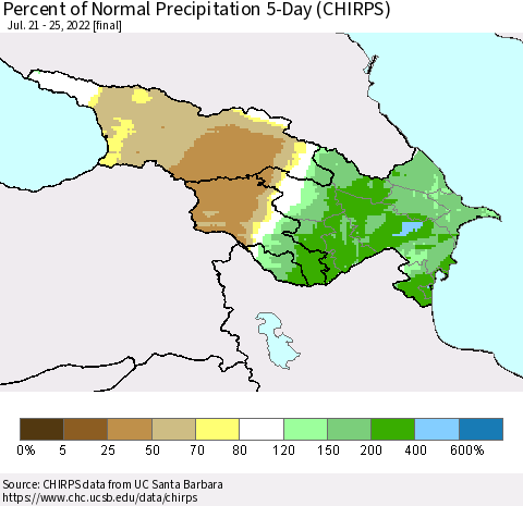 Azerbaijan, Armenia and Georgia Percent of Normal Precipitation 5-Day (CHIRPS) Thematic Map For 7/21/2022 - 7/25/2022