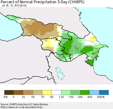 Azerbaijan, Armenia and Georgia Percent of Normal Precipitation 5-Day (CHIRPS) Thematic Map For 7/26/2022 - 7/31/2022