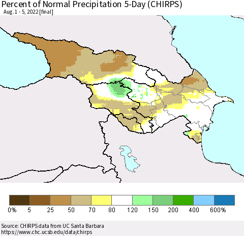 Azerbaijan, Armenia and Georgia Percent of Normal Precipitation 5-Day (CHIRPS) Thematic Map For 8/1/2022 - 8/5/2022
