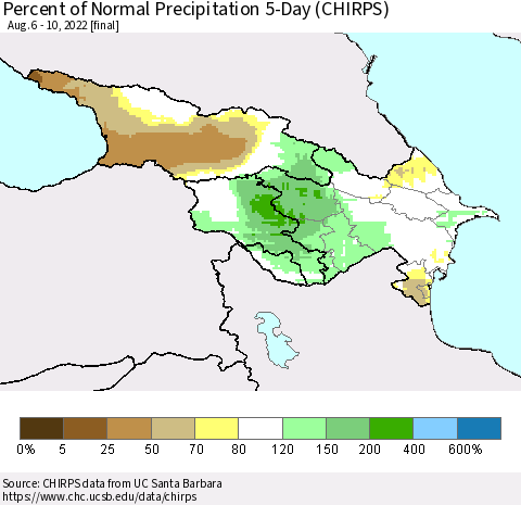Azerbaijan, Armenia and Georgia Percent of Normal Precipitation 5-Day (CHIRPS) Thematic Map For 8/6/2022 - 8/10/2022