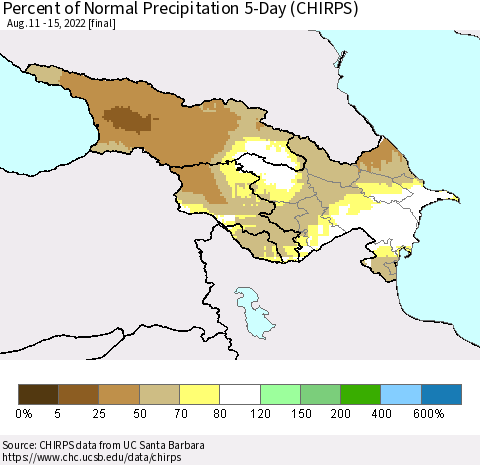 Azerbaijan, Armenia and Georgia Percent of Normal Precipitation 5-Day (CHIRPS) Thematic Map For 8/11/2022 - 8/15/2022