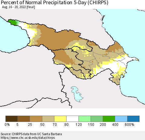 Azerbaijan, Armenia and Georgia Percent of Normal Precipitation 5-Day (CHIRPS) Thematic Map For 8/16/2022 - 8/20/2022