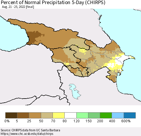 Azerbaijan, Armenia and Georgia Percent of Normal Precipitation 5-Day (CHIRPS) Thematic Map For 8/21/2022 - 8/25/2022