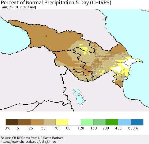 Azerbaijan, Armenia and Georgia Percent of Normal Precipitation 5-Day (CHIRPS) Thematic Map For 8/26/2022 - 8/31/2022