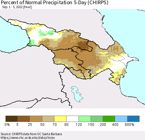 Azerbaijan, Armenia and Georgia Percent of Normal Precipitation 5-Day (CHIRPS) Thematic Map For 9/1/2022 - 9/5/2022