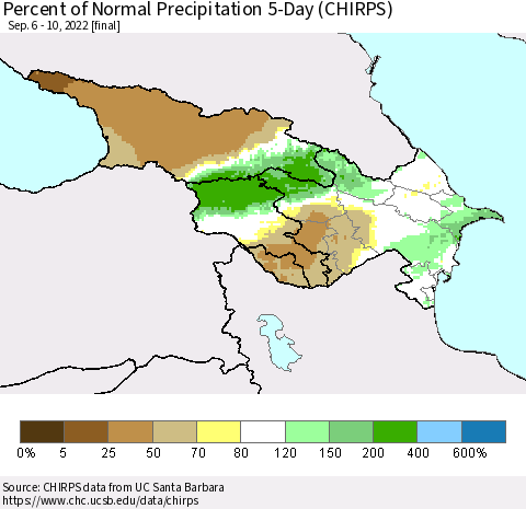 Azerbaijan, Armenia and Georgia Percent of Normal Precipitation 5-Day (CHIRPS) Thematic Map For 9/6/2022 - 9/10/2022