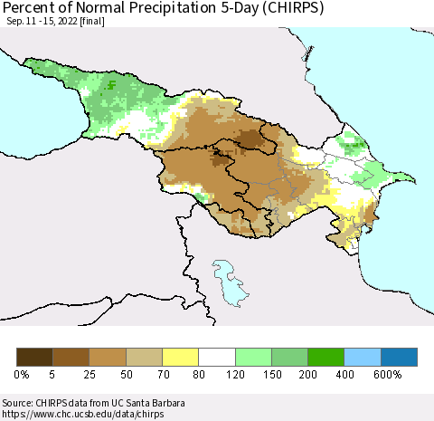 Azerbaijan, Armenia and Georgia Percent of Normal Precipitation 5-Day (CHIRPS) Thematic Map For 9/11/2022 - 9/15/2022