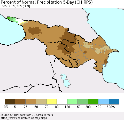 Azerbaijan, Armenia and Georgia Percent of Normal Precipitation 5-Day (CHIRPS) Thematic Map For 9/16/2022 - 9/20/2022