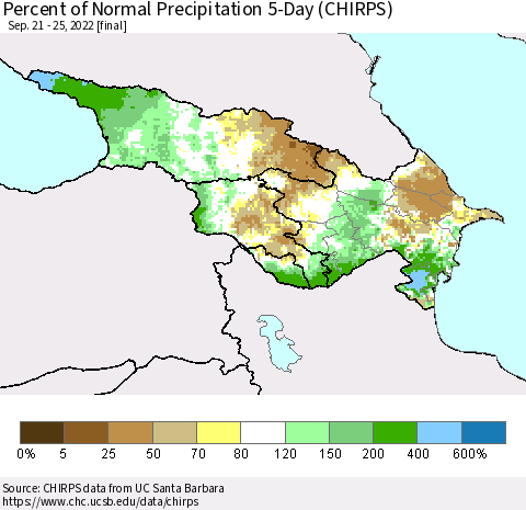 Azerbaijan, Armenia and Georgia Percent of Normal Precipitation 5-Day (CHIRPS) Thematic Map For 9/21/2022 - 9/25/2022