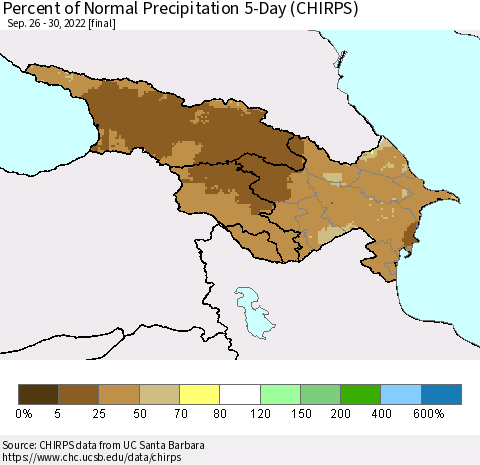 Azerbaijan, Armenia and Georgia Percent of Normal Precipitation 5-Day (CHIRPS) Thematic Map For 9/26/2022 - 9/30/2022