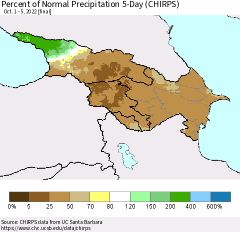 Azerbaijan, Armenia and Georgia Percent of Normal Precipitation 5-Day (CHIRPS) Thematic Map For 10/1/2022 - 10/5/2022