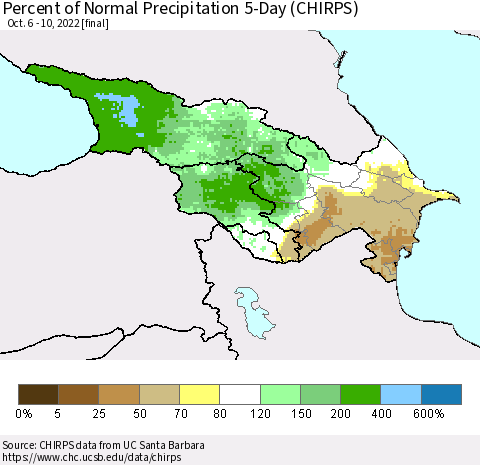 Azerbaijan, Armenia and Georgia Percent of Normal Precipitation 5-Day (CHIRPS) Thematic Map For 10/6/2022 - 10/10/2022