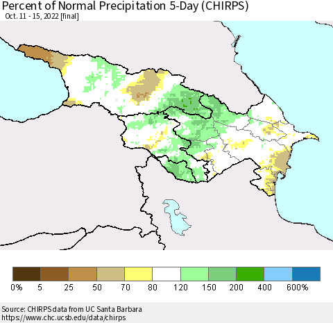 Azerbaijan, Armenia and Georgia Percent of Normal Precipitation 5-Day (CHIRPS) Thematic Map For 10/11/2022 - 10/15/2022