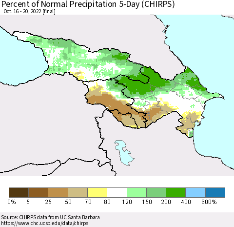 Azerbaijan, Armenia and Georgia Percent of Normal Precipitation 5-Day (CHIRPS) Thematic Map For 10/16/2022 - 10/20/2022