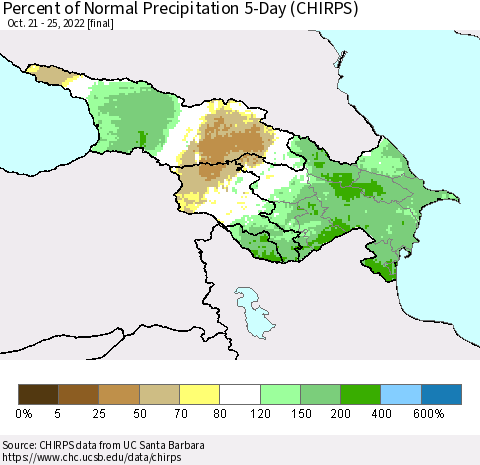 Azerbaijan, Armenia and Georgia Percent of Normal Precipitation 5-Day (CHIRPS) Thematic Map For 10/21/2022 - 10/25/2022