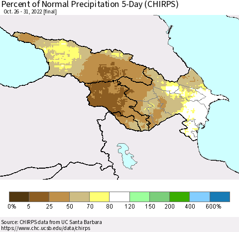 Azerbaijan, Armenia and Georgia Percent of Normal Precipitation 5-Day (CHIRPS) Thematic Map For 10/26/2022 - 10/31/2022