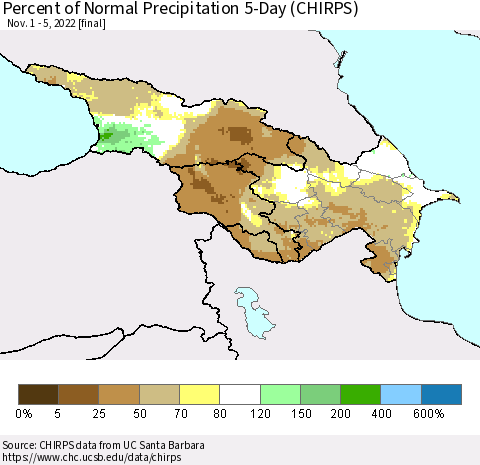 Azerbaijan, Armenia and Georgia Percent of Normal Precipitation 5-Day (CHIRPS) Thematic Map For 11/1/2022 - 11/5/2022