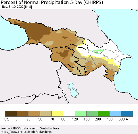 Azerbaijan, Armenia and Georgia Percent of Normal Precipitation 5-Day (CHIRPS) Thematic Map For 11/6/2022 - 11/10/2022