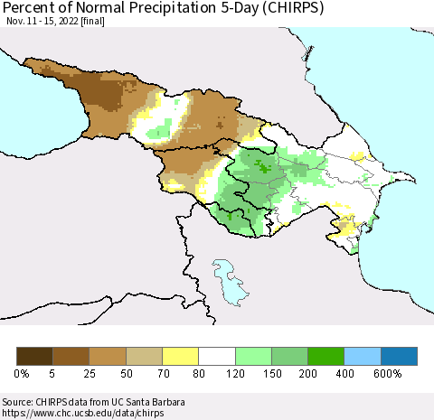 Azerbaijan, Armenia and Georgia Percent of Normal Precipitation 5-Day (CHIRPS) Thematic Map For 11/11/2022 - 11/15/2022
