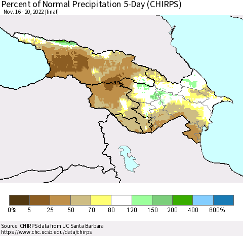 Azerbaijan, Armenia and Georgia Percent of Normal Precipitation 5-Day (CHIRPS) Thematic Map For 11/16/2022 - 11/20/2022
