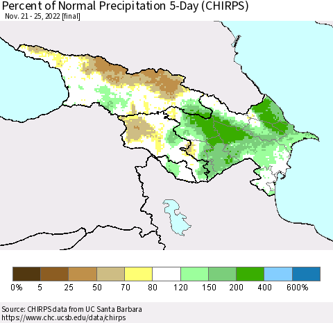 Azerbaijan, Armenia and Georgia Percent of Normal Precipitation 5-Day (CHIRPS) Thematic Map For 11/21/2022 - 11/25/2022