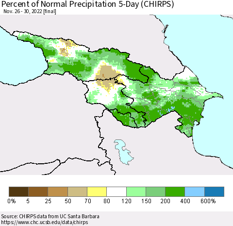 Azerbaijan, Armenia and Georgia Percent of Normal Precipitation 5-Day (CHIRPS) Thematic Map For 11/26/2022 - 11/30/2022