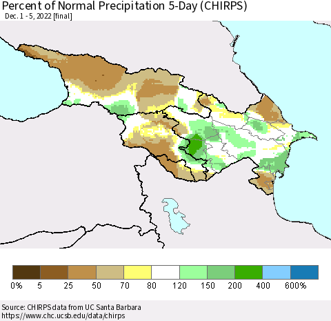 Azerbaijan, Armenia and Georgia Percent of Normal Precipitation 5-Day (CHIRPS) Thematic Map For 12/1/2022 - 12/5/2022
