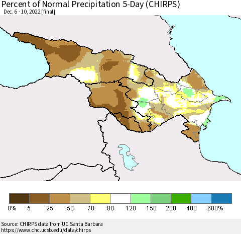 Azerbaijan, Armenia and Georgia Percent of Normal Precipitation 5-Day (CHIRPS) Thematic Map For 12/6/2022 - 12/10/2022