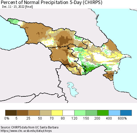 Azerbaijan, Armenia and Georgia Percent of Normal Precipitation 5-Day (CHIRPS) Thematic Map For 12/11/2022 - 12/15/2022