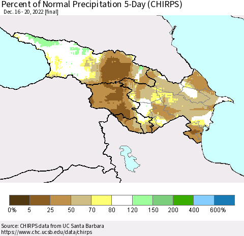 Azerbaijan, Armenia and Georgia Percent of Normal Precipitation 5-Day (CHIRPS) Thematic Map For 12/16/2022 - 12/20/2022